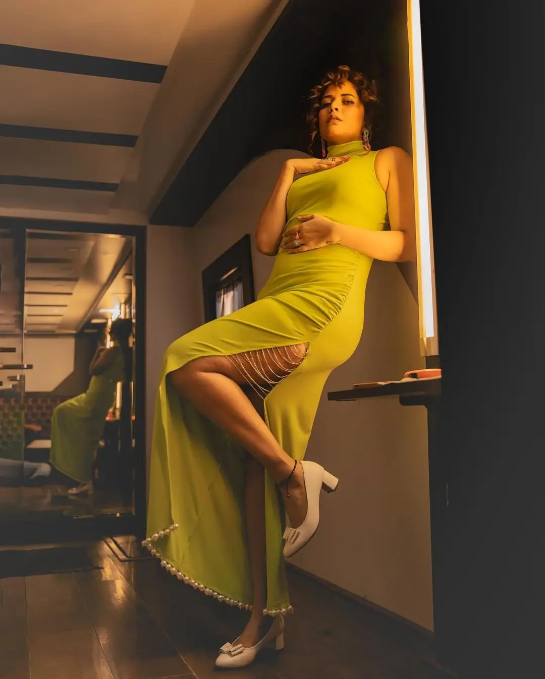 Anasuya Bharadwaj Long Legs Show in Lemon Green Gown